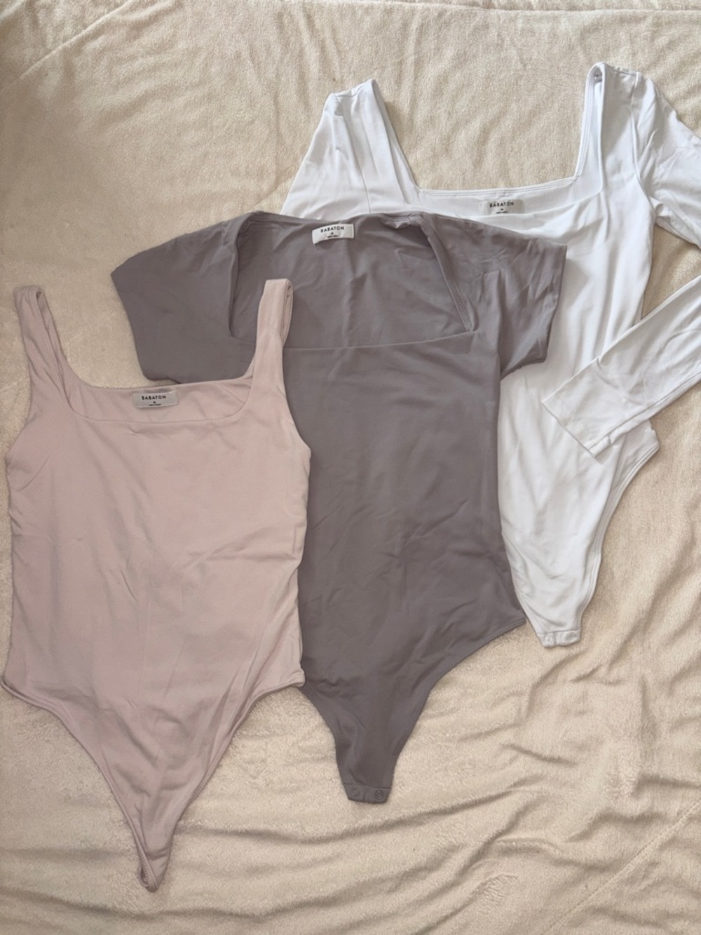 Babaton Three-Pack Bundle Square-Neck Bodysuits — White, Taupe, Nude